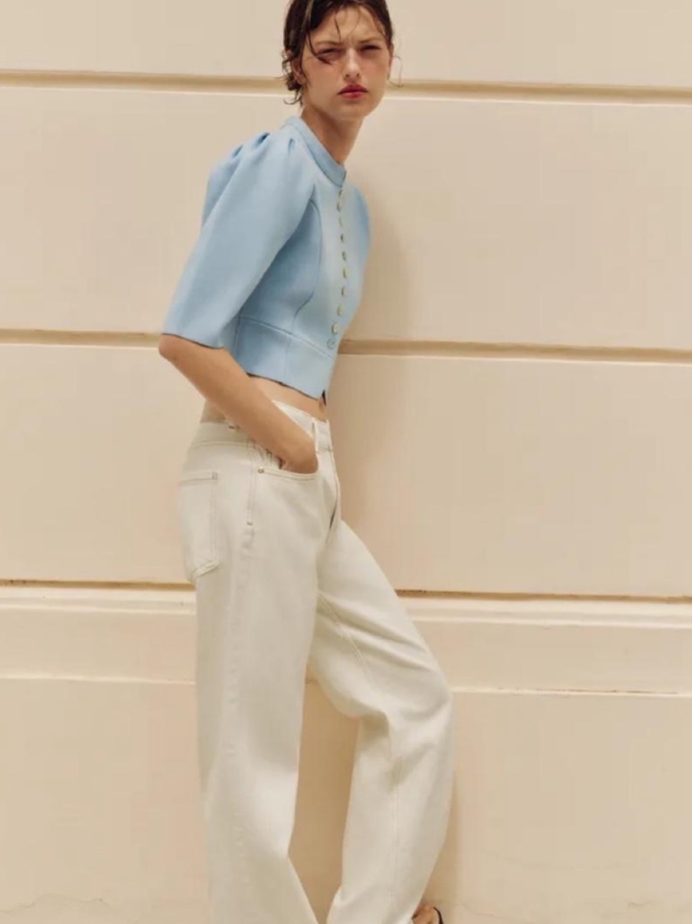Zara Light Blue Cropped Button-Front Jacket - Picture 4 of 5